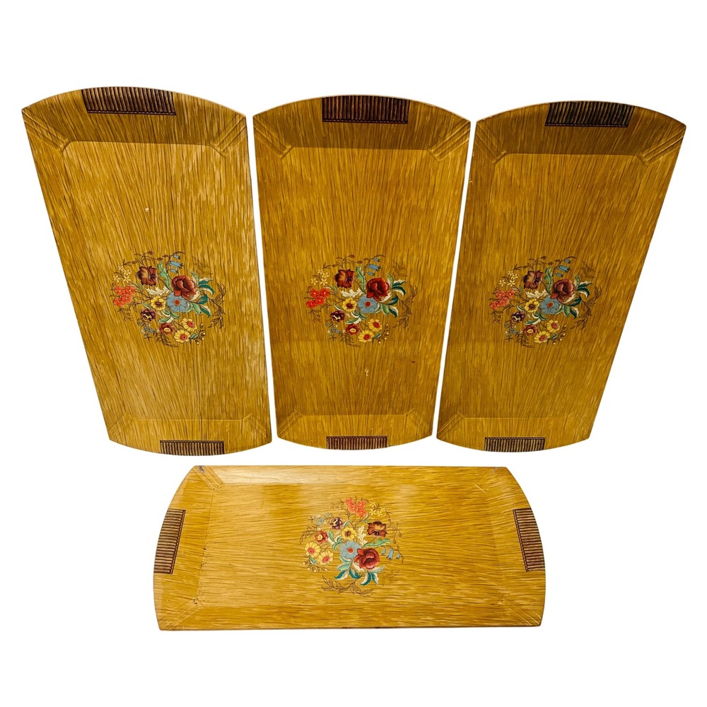 Hasko VTG Serving Snack Lap Trays 40s 50s Set 4 Floral Wood Grain 1940s MCM 16x7
